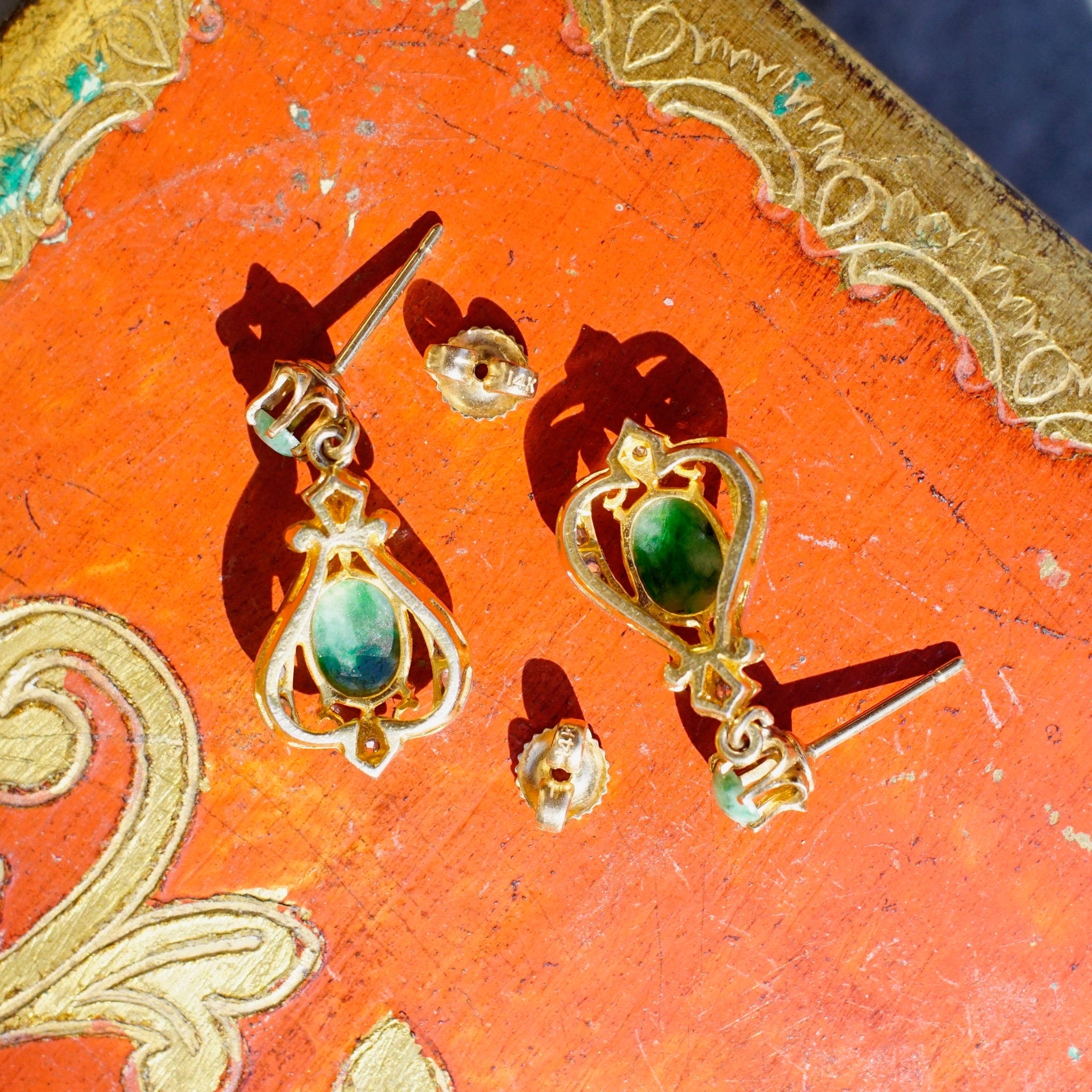 Vintage 14K Gold, Diamond & Jadeite Drop Earrings, Gorgeous Yellow and White Gold Diamond Encrusted Dangle Earrings With Marbled Green Stone