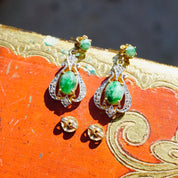Vintage 14K Gold, Diamond & Jadeite Drop Earrings, Gorgeous Yellow and White Gold Diamond Encrusted Dangle Earrings With Marbled Green Stone