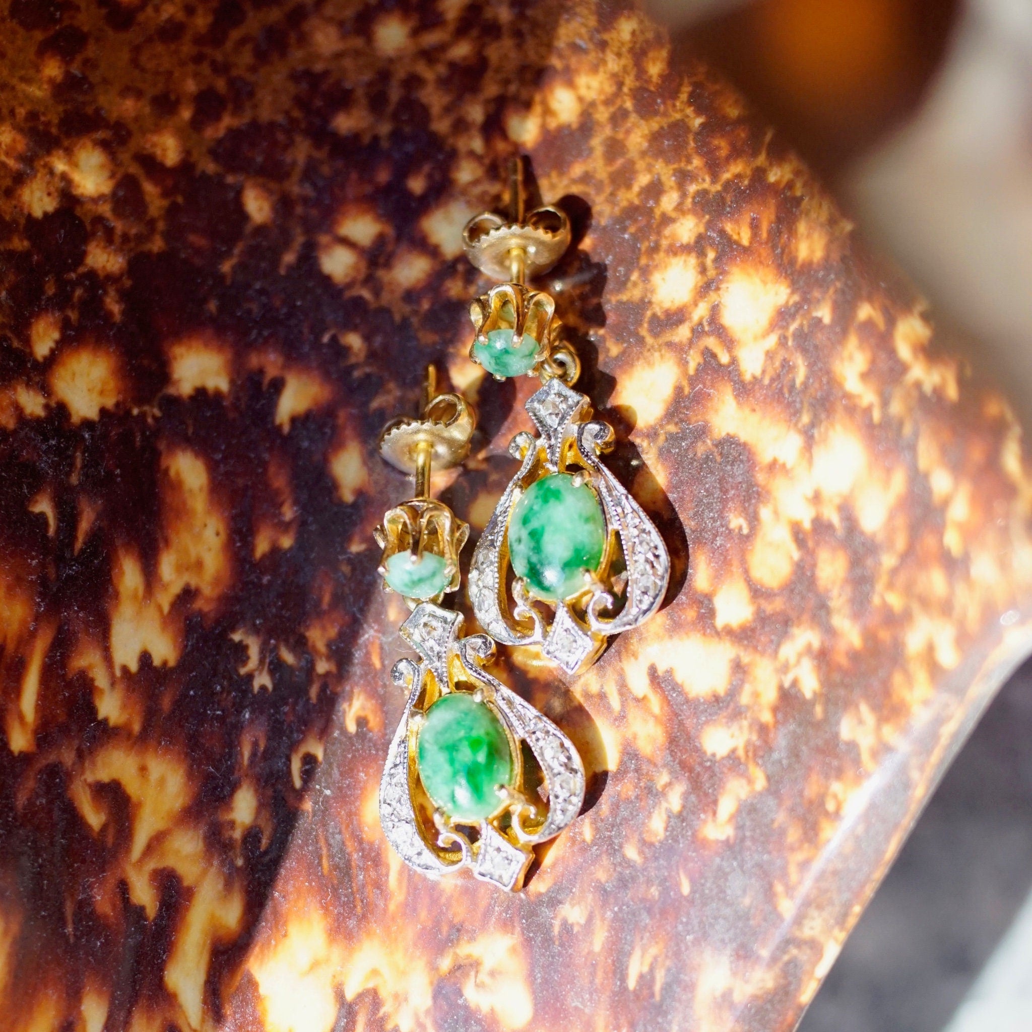 Vintage 14K Gold, Diamond & Jadeite Drop Earrings, Gorgeous Yellow and White Gold Diamond Encrusted Dangle Earrings With Marbled Green Stone