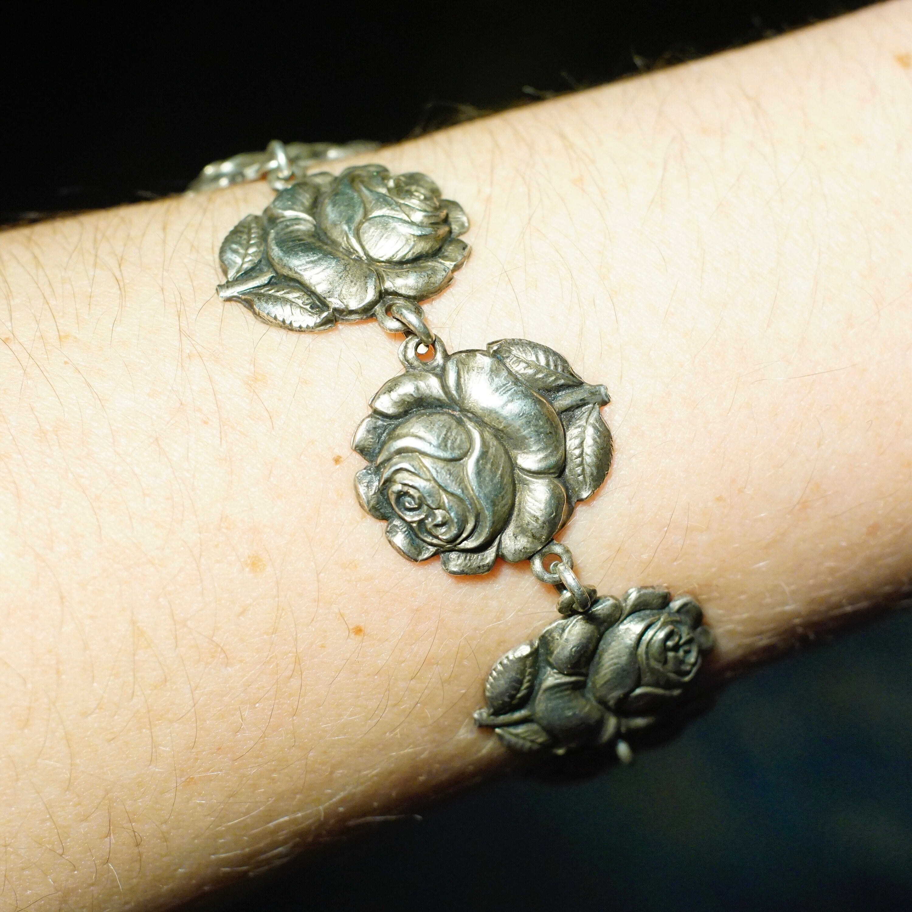 Vintage HMH Sterling Silver Rosebud & Mother Mary Reversible Bracelet, Patron Saint Virgin Mary Rose Link Bracelet, Religious Jewelry, 925