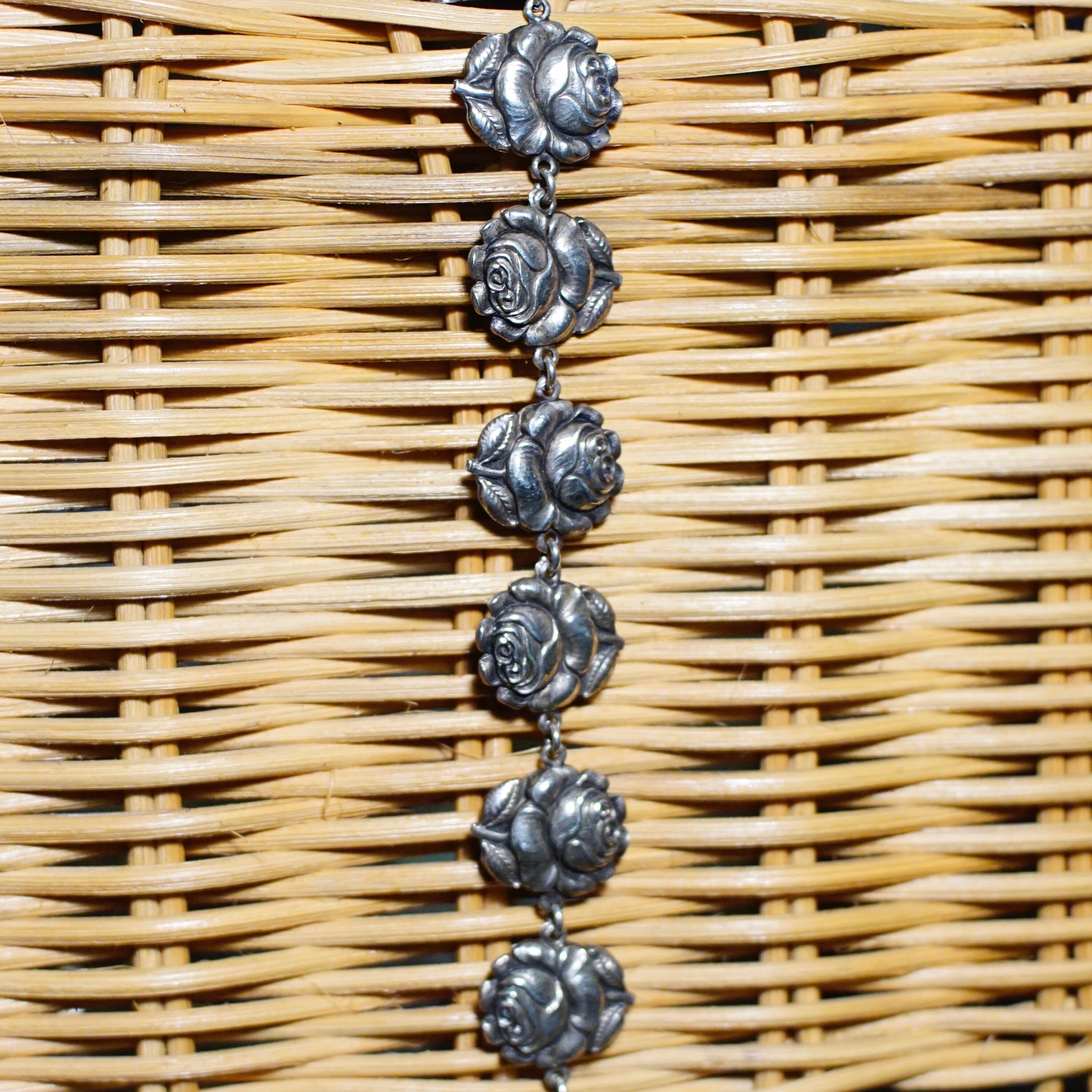 Vintage HMH Sterling Silver Rosebud & Mother Mary Reversible Bracelet, Patron Saint Virgin Mary Rose Link Bracelet, Religious Jewelry, 925