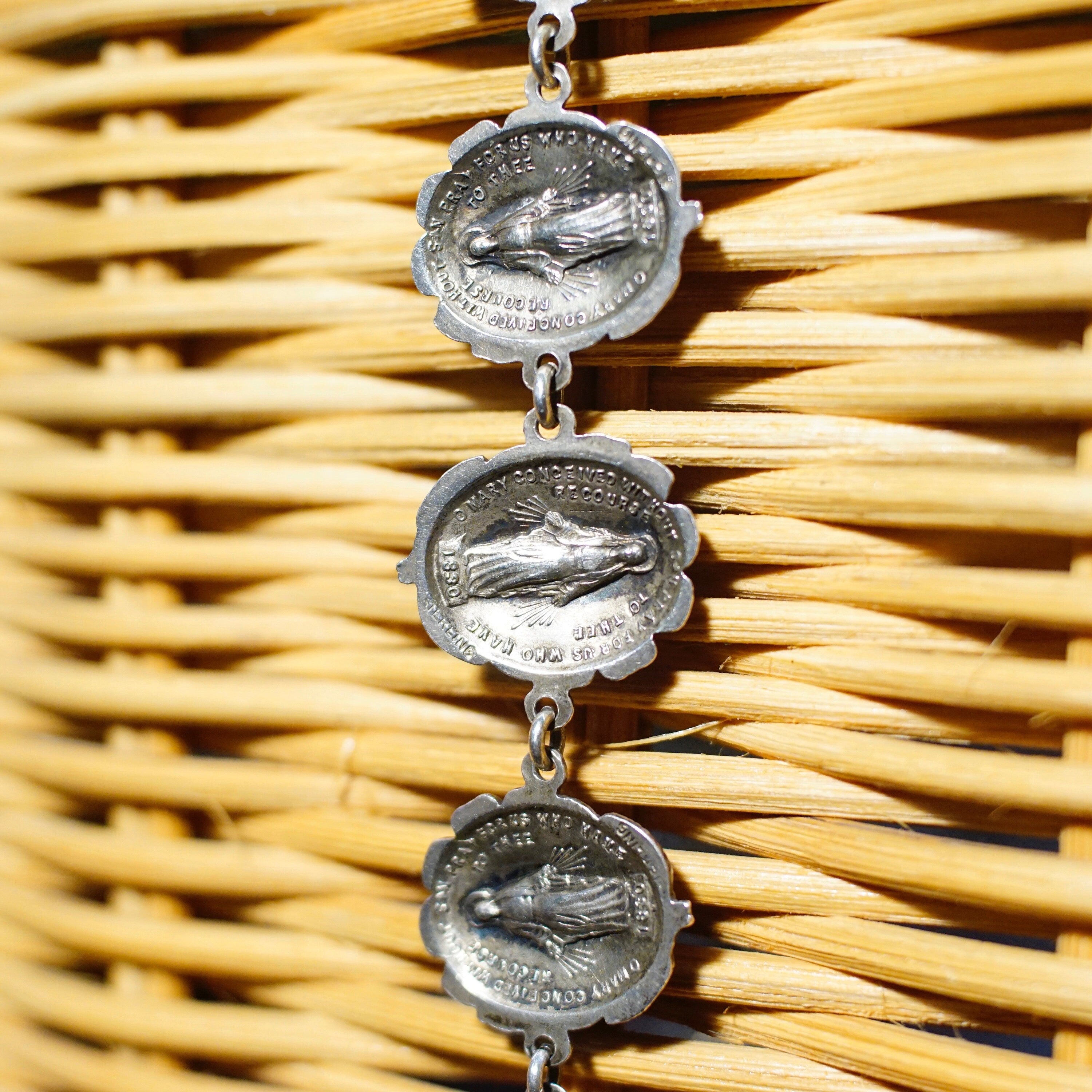 Vintage HMH Sterling Silver Rosebud & Mother Mary Reversible Bracelet, Patron Saint Virgin Mary Rose Link Bracelet, Religious Jewelry, 925