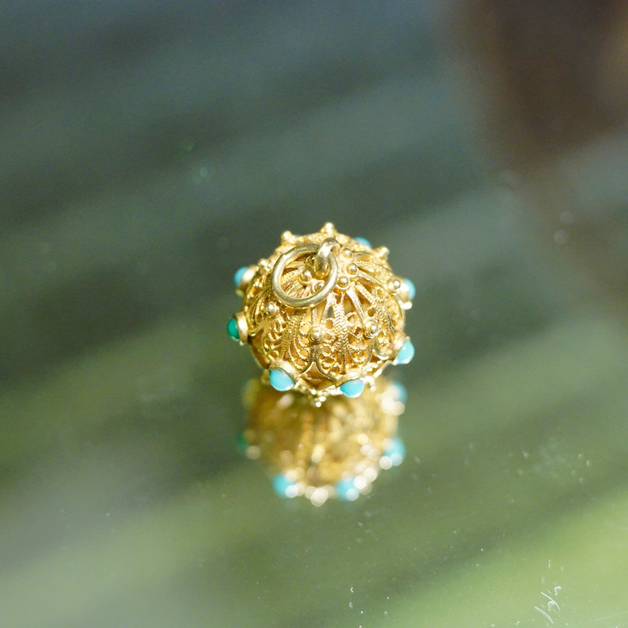 Vintage 14K Gold Filigree & Turquoise Ball Charm, Intricate Yellow Gold Pendant With Accent Stones, Hollow Gold Charm/Pendant, 14K Jewelry