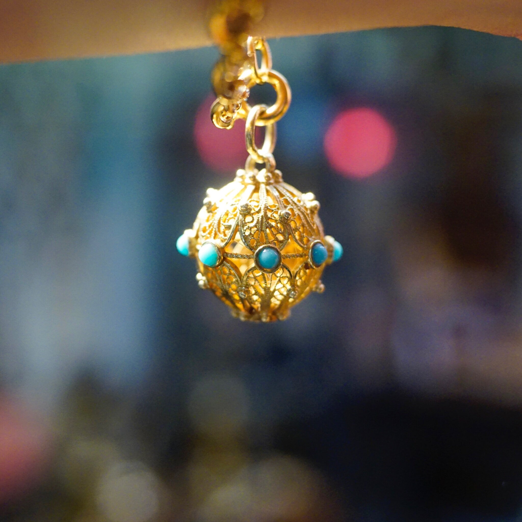 Vintage 14K Gold Filigree & Turquoise Ball Charm, Intricate Yellow Gold Pendant With Accent Stones, Hollow Gold Charm/Pendant, 14K Jewelry