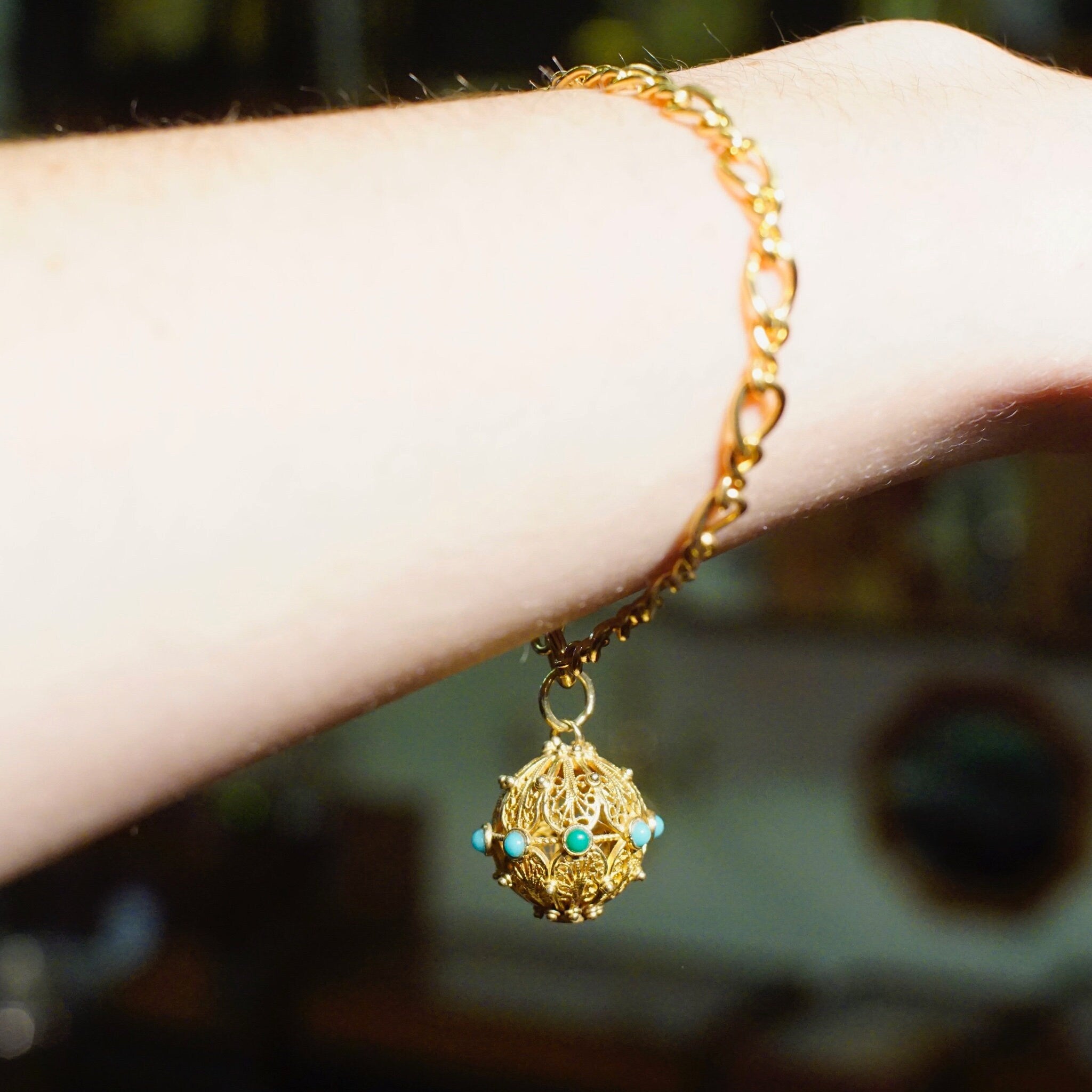 Vintage 14K Gold Filigree & Turquoise Ball Charm, Intricate Yellow Gold Pendant With Accent Stones, Hollow Gold Charm/Pendant, 14K Jewelry