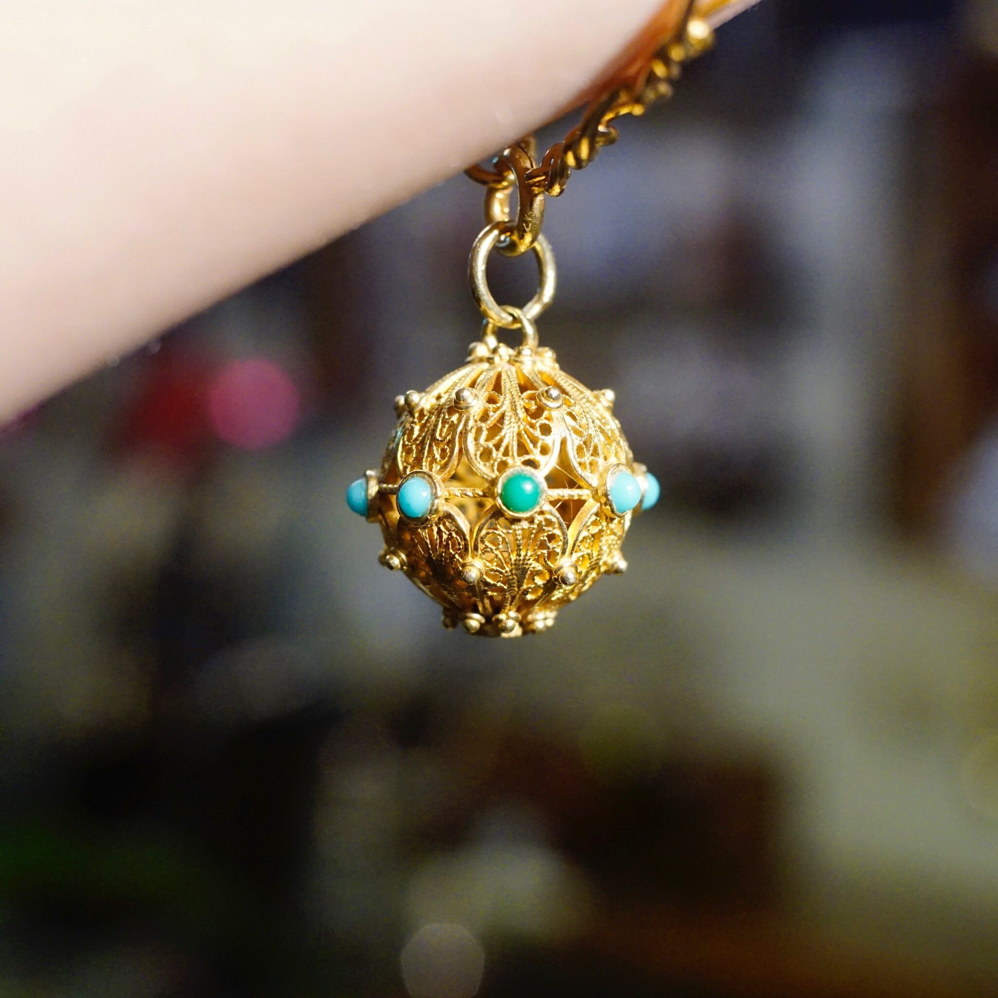 Vintage 14K Gold Filigree & Turquoise Ball Charm, Intricate Yellow Gold Pendant With Accent Stones, Hollow Gold Charm/Pendant, 14K Jewelry