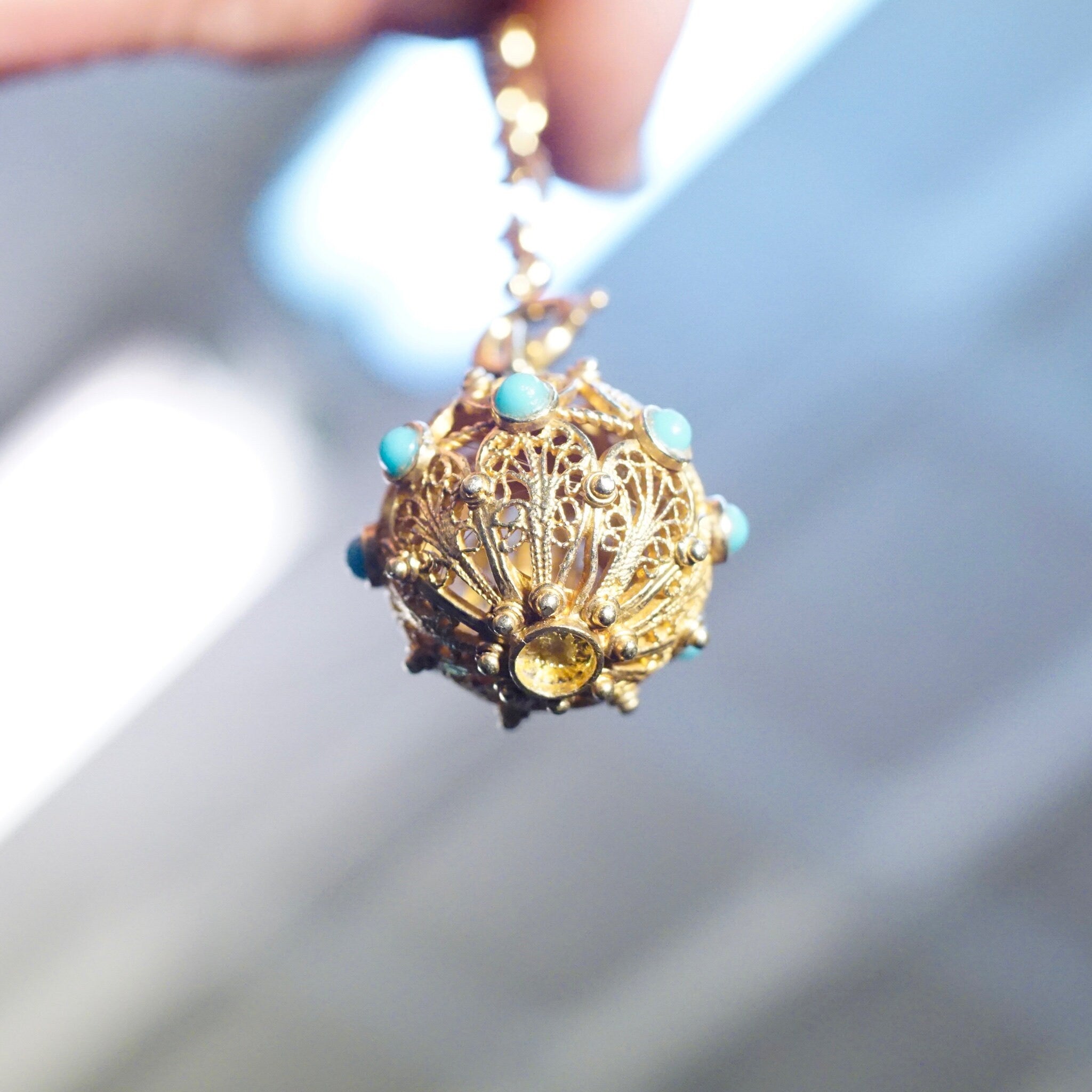 Vintage 14K Gold Filigree & Turquoise Ball Charm, Intricate Yellow Gold Pendant With Accent Stones, Hollow Gold Charm/Pendant, 14K Jewelry