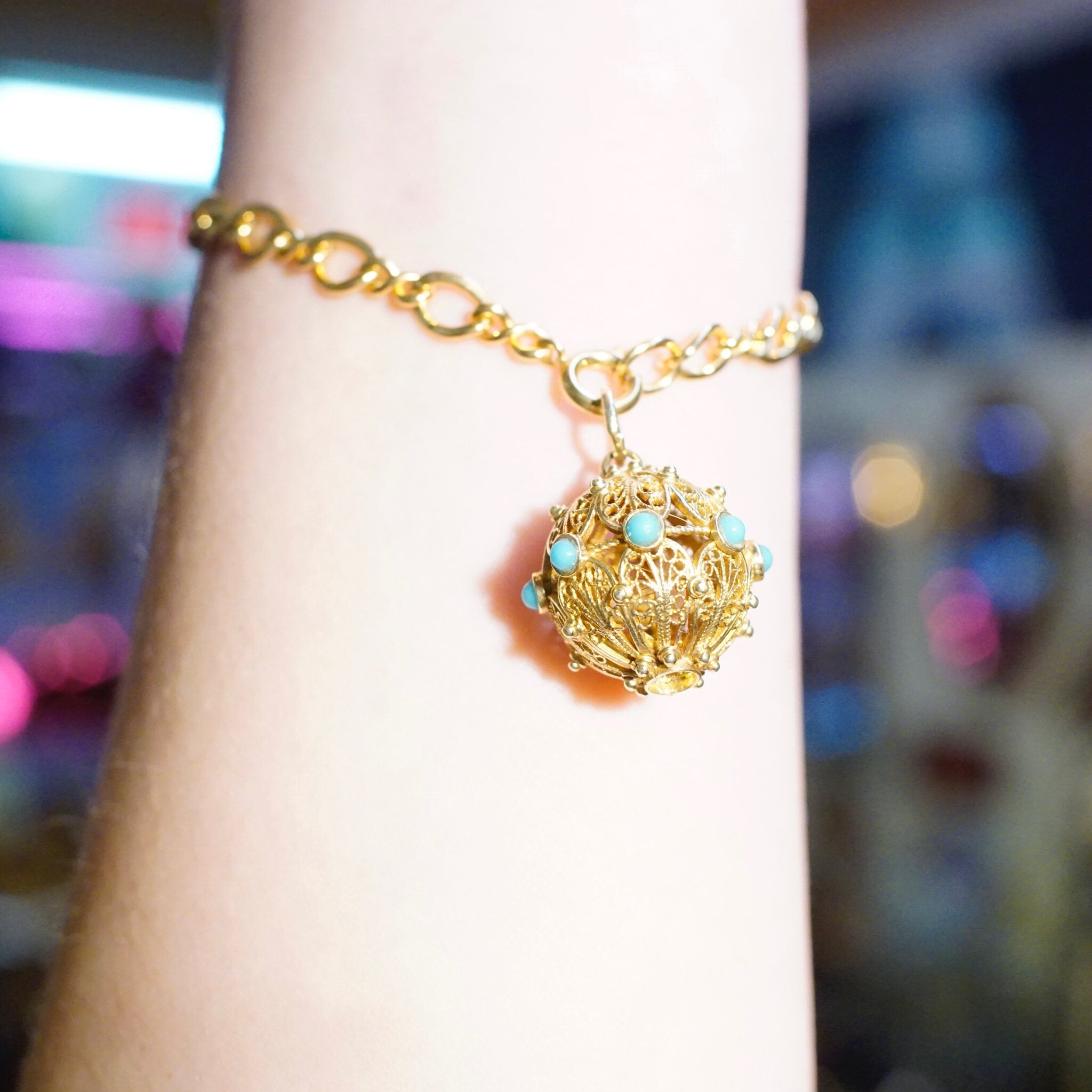 Vintage 14K Gold Filigree & Turquoise Ball Charm, Intricate Yellow Gold Pendant With Accent Stones, Hollow Gold Charm/Pendant, 14K Jewelry