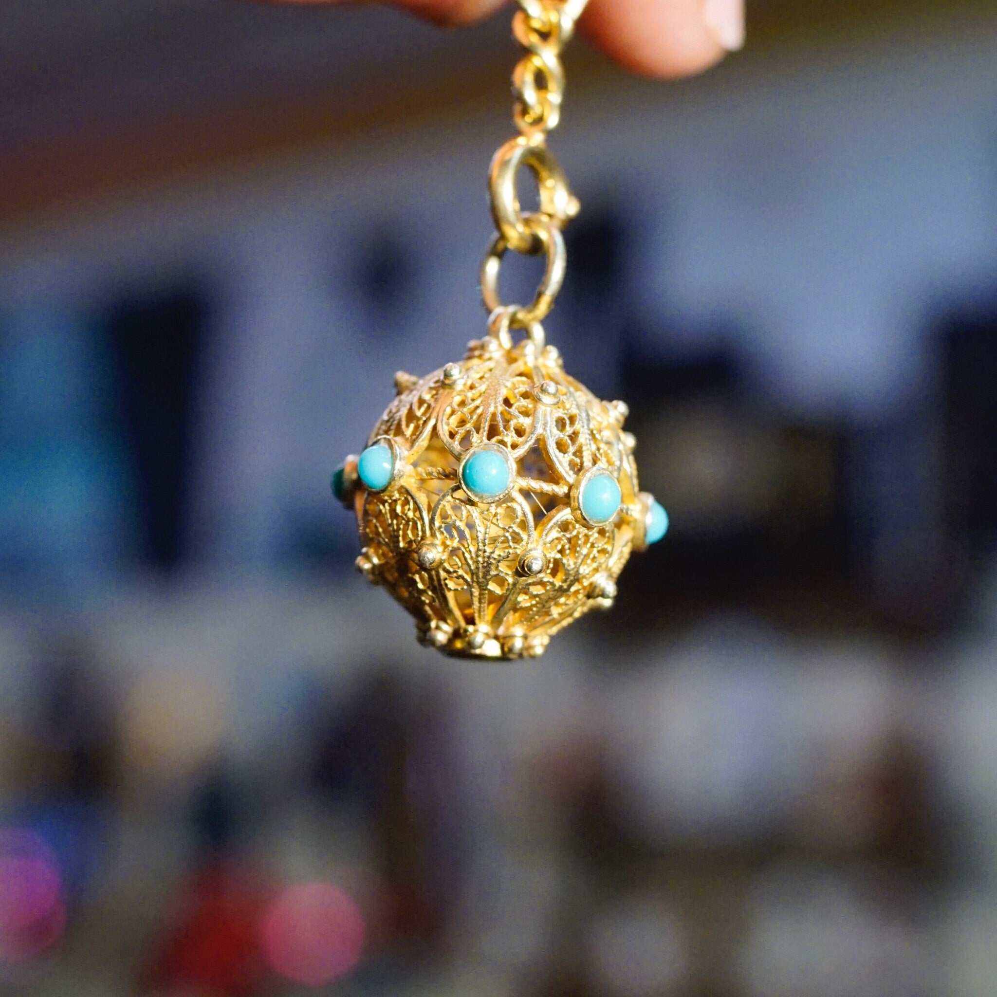 Vintage 14K Gold Filigree & Turquoise Ball Charm, Intricate Yellow Gold Pendant With Accent Stones, Hollow Gold Charm/Pendant, 14K Jewelry