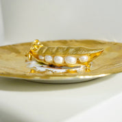 Vintage Trifari Gold Tone Faux Pearl Pea Pod Brooch, Signed Trifari Brooch, Whimsical Textured Gold Pea Pod Pin With Large White Pearls