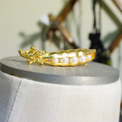 Vintage Trifari Gold Tone Faux Pearl Pea Pod Brooch, Signed Trifari Brooch, Whimsical Textured Gold Pea Pod Pin With Large White Pearls
