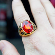 Retro Gold Tone Stainless Steel & Red Glass Greek Key Ring, Men's Cocktail Ring Faceted Red Jewel, Engraved Meander Ring, Size 11 3/4 US