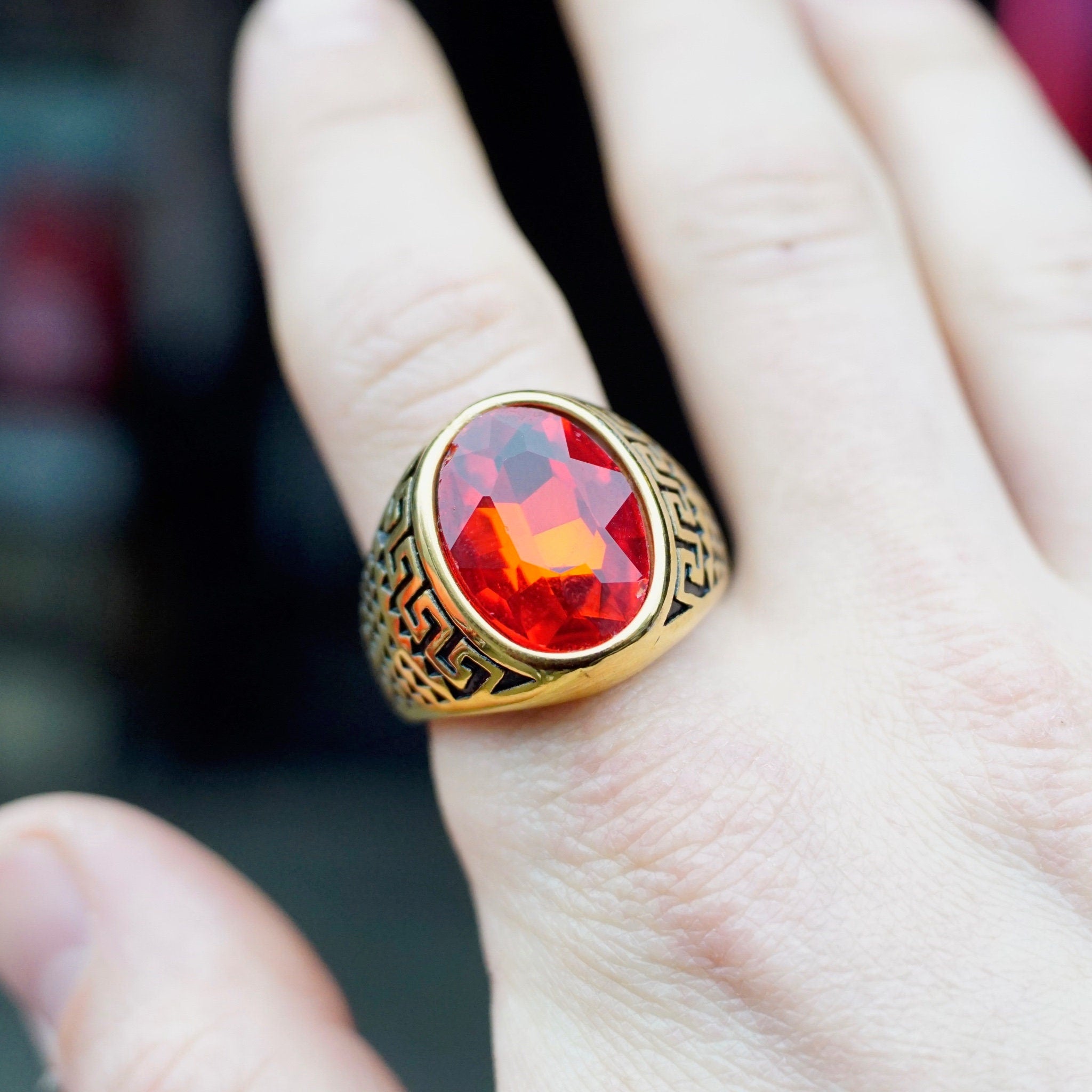 Retro Gold Tone Stainless Steel & Red Glass Greek Key Ring, Men's Cocktail Ring Faceted Red Jewel, Engraved Meander Ring, Size 11 3/4 US