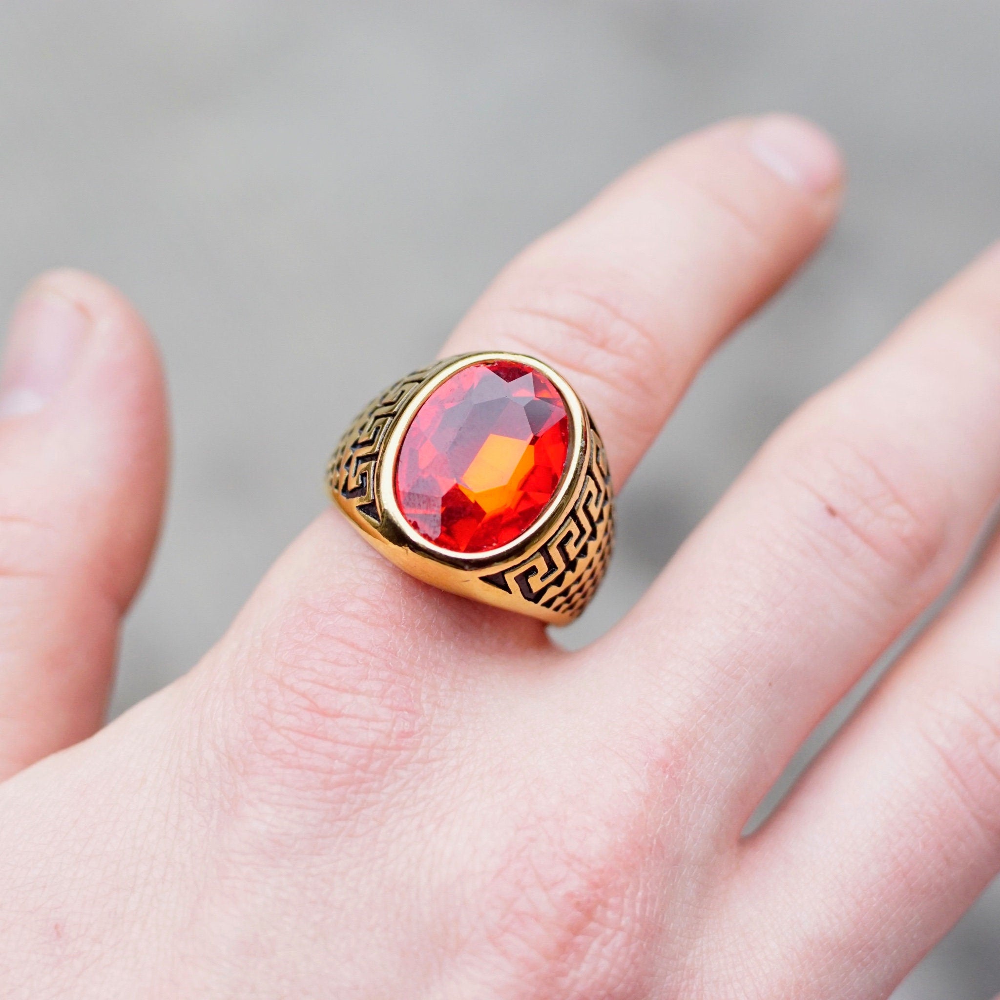 Retro Gold Tone Stainless Steel & Red Glass Greek Key Ring, Men's Cocktail Ring Faceted Red Jewel, Engraved Meander Ring, Size 11 3/4 US