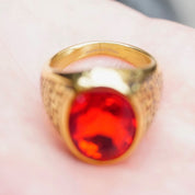 Retro Gold Tone Stainless Steel & Red Glass Greek Key Ring, Men's Cocktail Ring Faceted Red Jewel, Engraved Meander Ring, Size 11 3/4 US