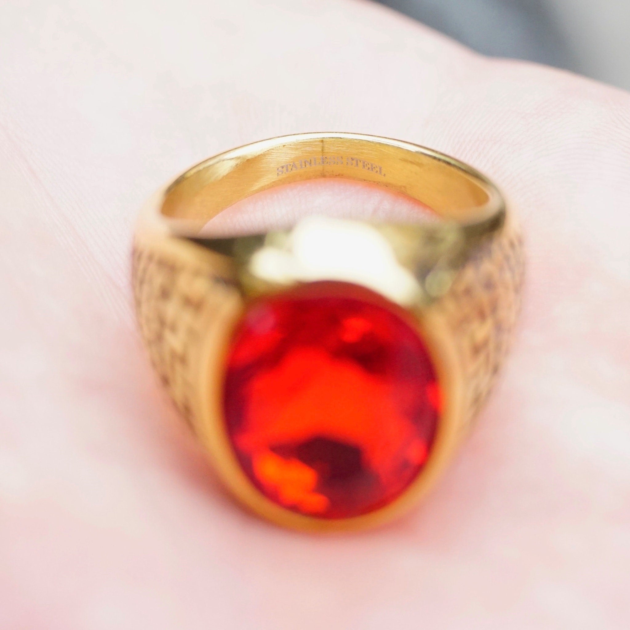 Retro Gold Tone Stainless Steel & Red Glass Greek Key Ring, Men's Cocktail Ring Faceted Red Jewel, Engraved Meander Ring, Size 11 3/4 US