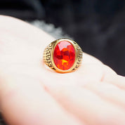 Retro Gold Tone Stainless Steel & Red Glass Greek Key Ring, Men's Cocktail Ring Faceted Red Jewel, Engraved Meander Ring, Size 11 3/4 US