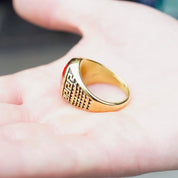 Retro Gold Tone Stainless Steel & Red Glass Greek Key Ring, Men's Cocktail Ring Faceted Red Jewel, Engraved Meander Ring, Size 11 3/4 US