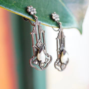 Antique Art Nouveau Sterling Silver & Pearl Screw Back Drop Earrings, Ornate Silver Cutout Earrings With Accent Marcasite Stones, 925