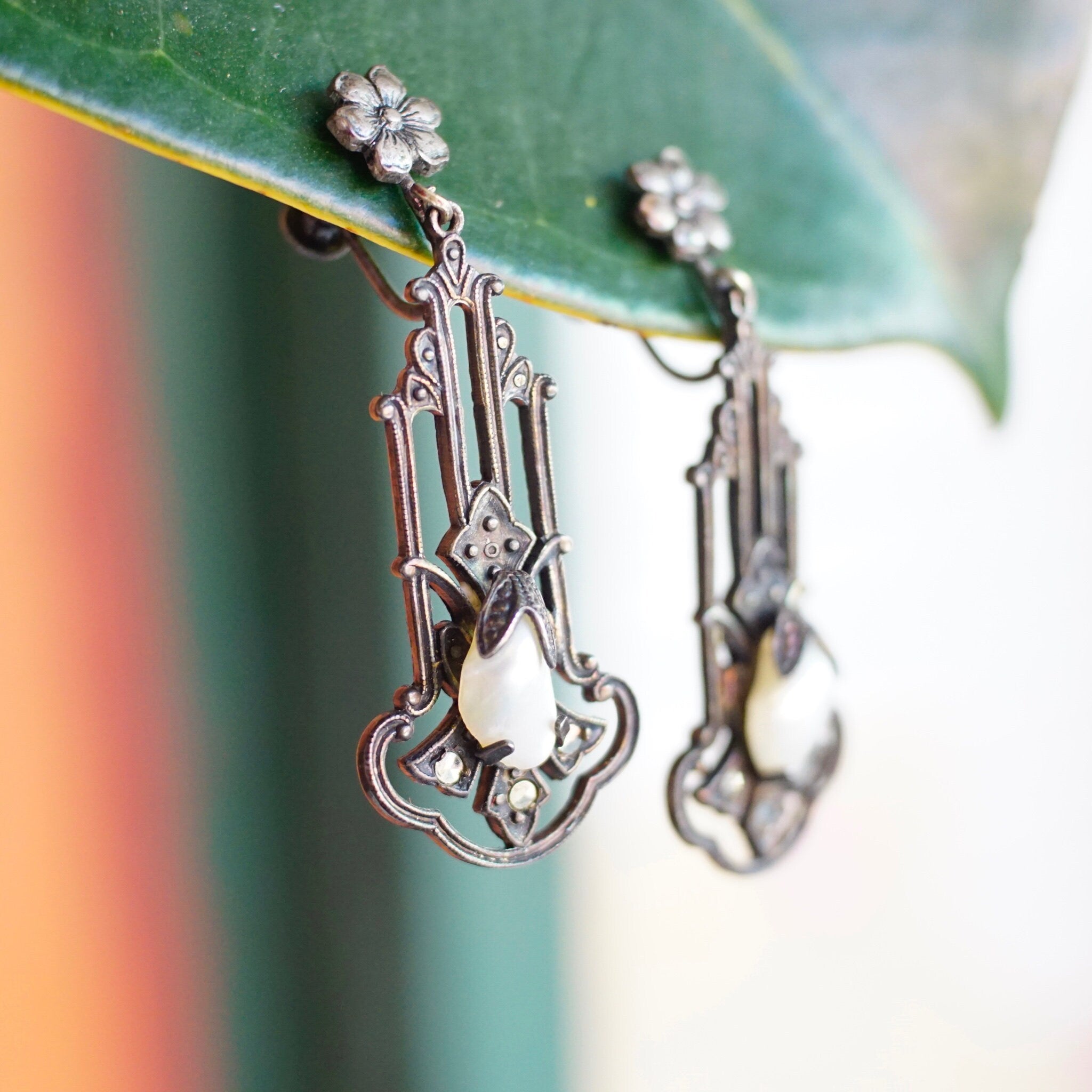 Antique Art Nouveau Sterling Silver & Pearl Screw Back Drop Earrings, Ornate Silver Cutout Earrings With Accent Marcasite Stones, 925