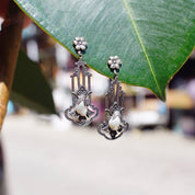 Antique Art Nouveau Sterling Silver & Pearl Screw Back Drop Earrings, Ornate Silver Cutout Earrings With Accent Marcasite Stones, 925