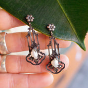 Antique Art Nouveau Sterling Silver & Pearl Screw Back Drop Earrings, Ornate Silver Cutout Earrings With Accent Marcasite Stones, 925