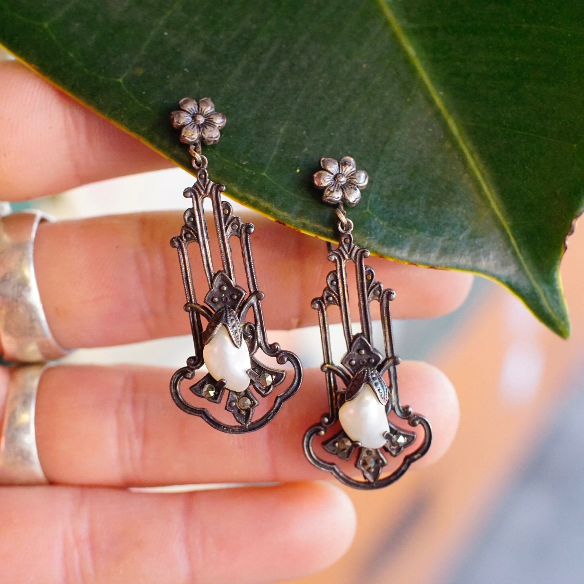 Antique Art Nouveau Sterling Silver & Pearl Screw Back Drop Earrings, Ornate Silver Cutout Earrings With Accent Marcasite Stones, 925