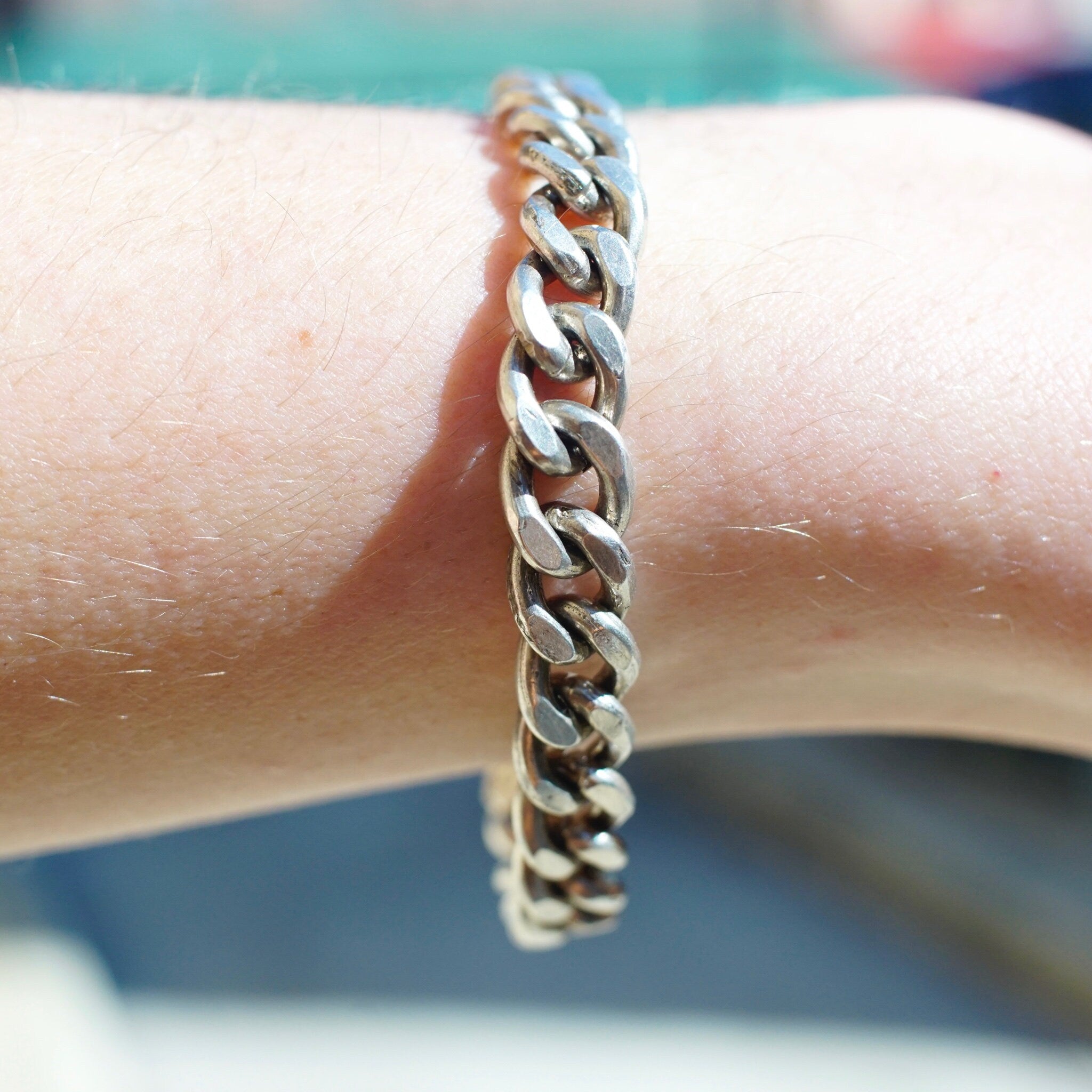 Vintage Sterling Silver Curb Chain Bracelet, Minimalist Silver Chain Bracelet, 8mm Sterling Silver Chain, 925 Jewelry, 7" Long