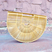 Vintage Japenese Bamboo Picnic Bag, 1970's Mod Bamboo Wood Clutch, Beautiful Half Moon Bamboo Purse, In Great Condition