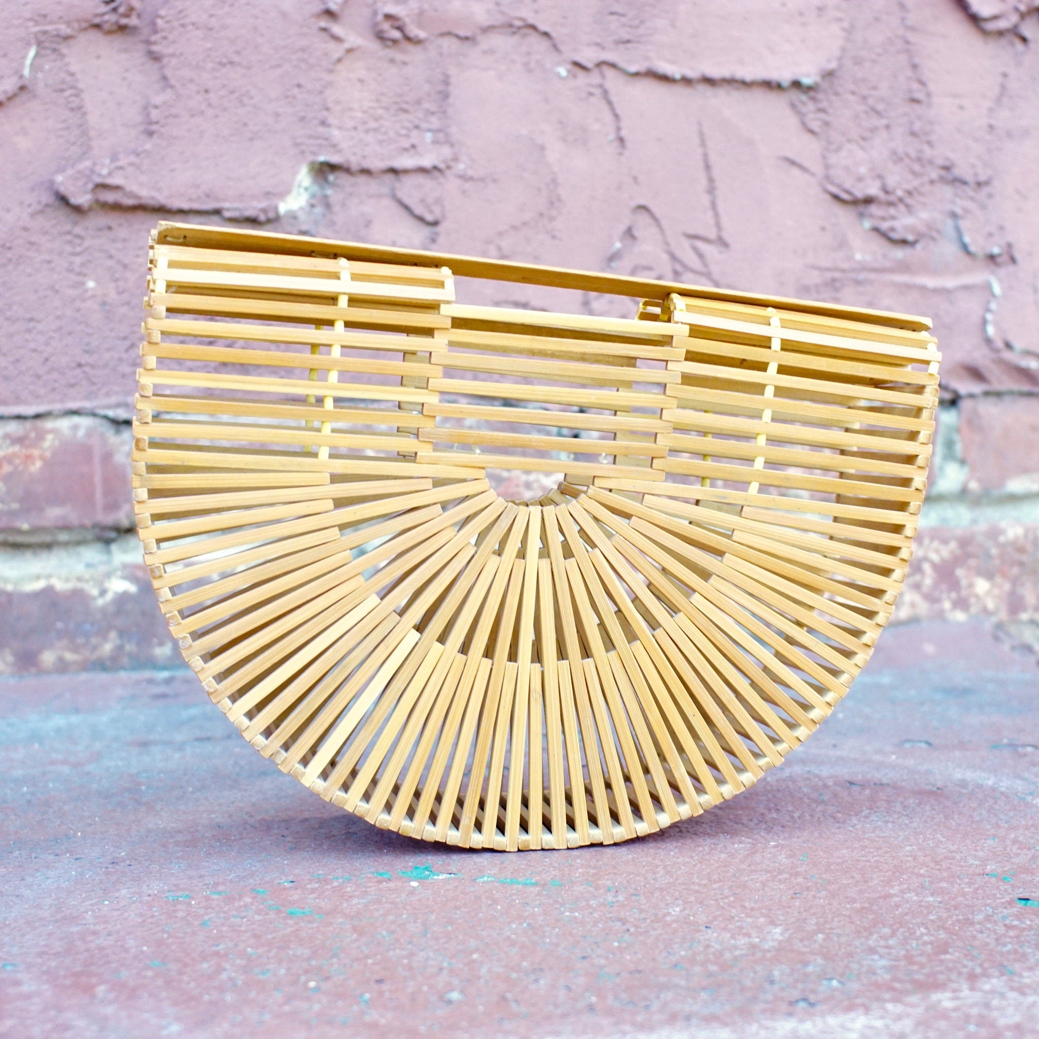 Vintage Japenese Bamboo Picnic Bag, 1970's Mod Bamboo Wood Clutch, Beautiful Half Moon Bamboo Purse, In Great Condition