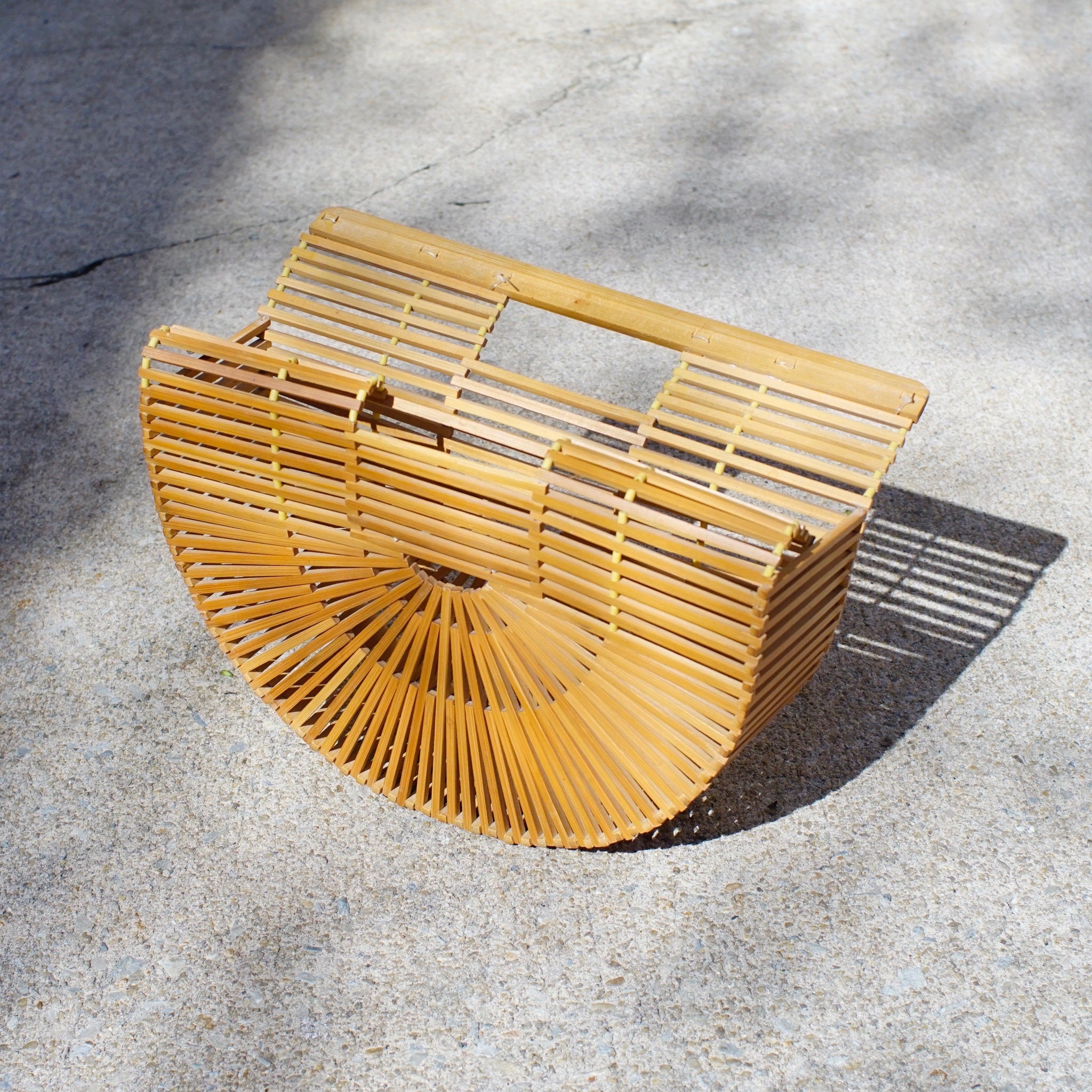 Vintage Japenese Bamboo Picnic Bag, 1970's Mod Bamboo Wood Clutch, Beautiful Half Moon Bamboo Purse, In Great Condition