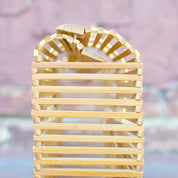 Vintage Japenese Bamboo Picnic Bag, 1970's Mod Bamboo Wood Clutch, Beautiful Half Moon Bamboo Purse, In Great Condition