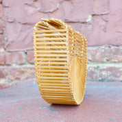 Vintage Japenese Bamboo Picnic Bag, 1970's Mod Bamboo Wood Clutch, Beautiful Half Moon Bamboo Purse, In Great Condition