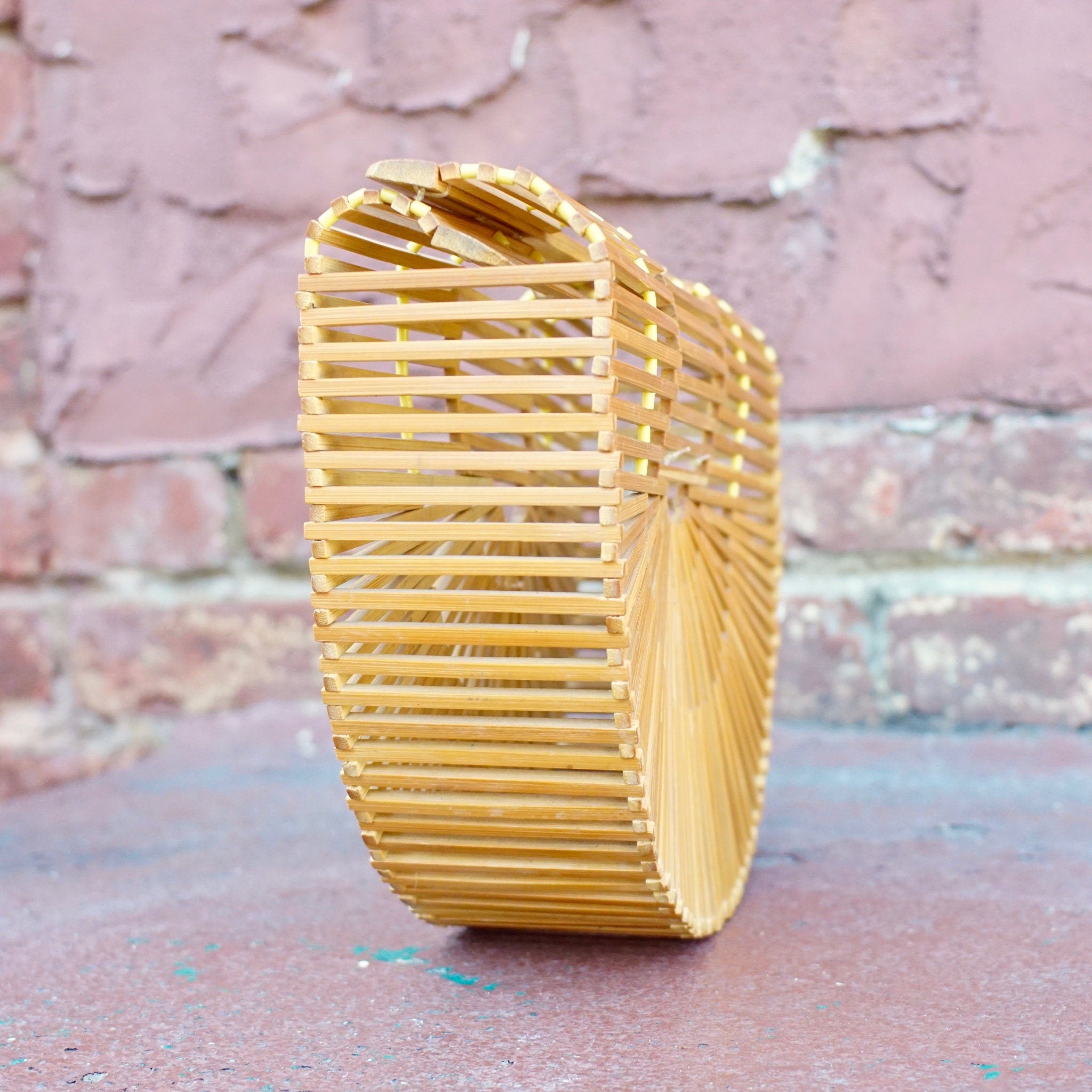 Vintage Japenese Bamboo Picnic Bag, 1970's Mod Bamboo Wood Clutch, Beautiful Half Moon Bamboo Purse, In Great Condition