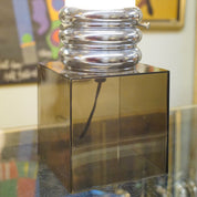 Contemporary Pop Art Chrome Glass Light Bulb Table Lamp, Vintage Lamp With Giant Light Bulb & Semi-Translucent Plastic Base, 21" Tall