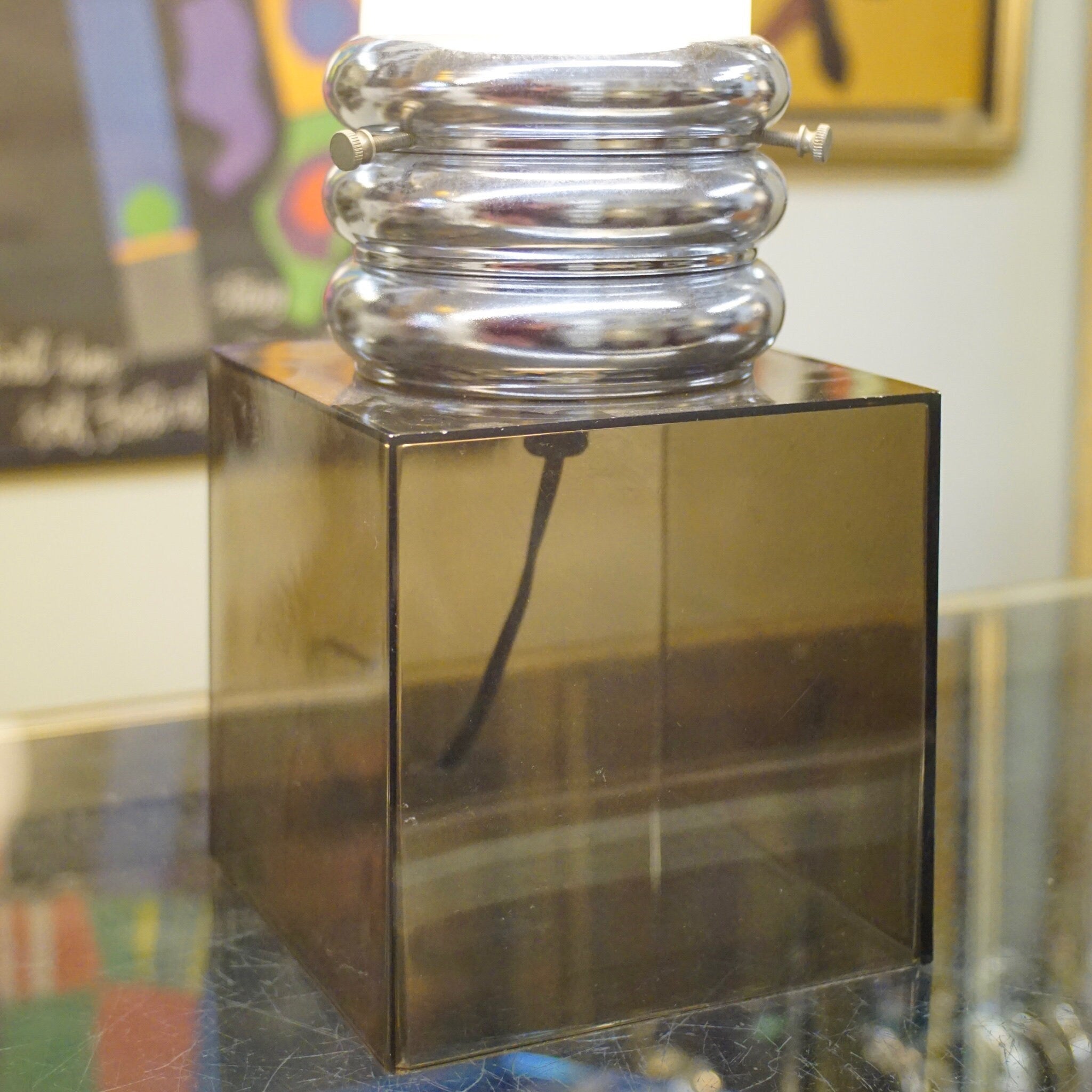 Contemporary Pop Art Chrome Glass Light Bulb Table Lamp, Vintage Lamp With Giant Light Bulb & Semi-Translucent Plastic Base, 21" Tall
