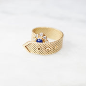 Vintage 14K Gold Lapis Lazuli And Diamond Mesh Belt Buckle Ring, Yellow Gold Ring With Lapis and Diamond Flower, Adjustable Ring, VCA NY 14K