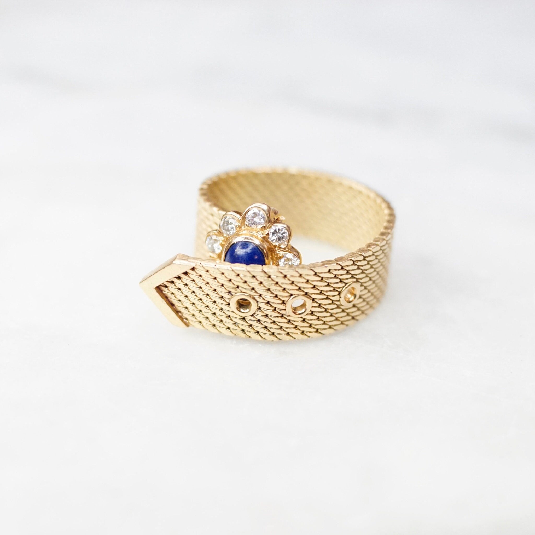 Vintage 14K Gold Lapis Lazuli And Diamond Mesh Belt Buckle Ring, Yellow Gold Ring With Lapis and Diamond Flower, Adjustable Ring, VCA NY 14K