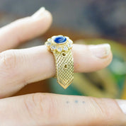 Vintage 14K Gold Lapis Lazuli And Diamond Mesh Belt Buckle Ring, Yellow Gold Ring With Lapis and Diamond Flower, Adjustable Ring, VCA NY 14K