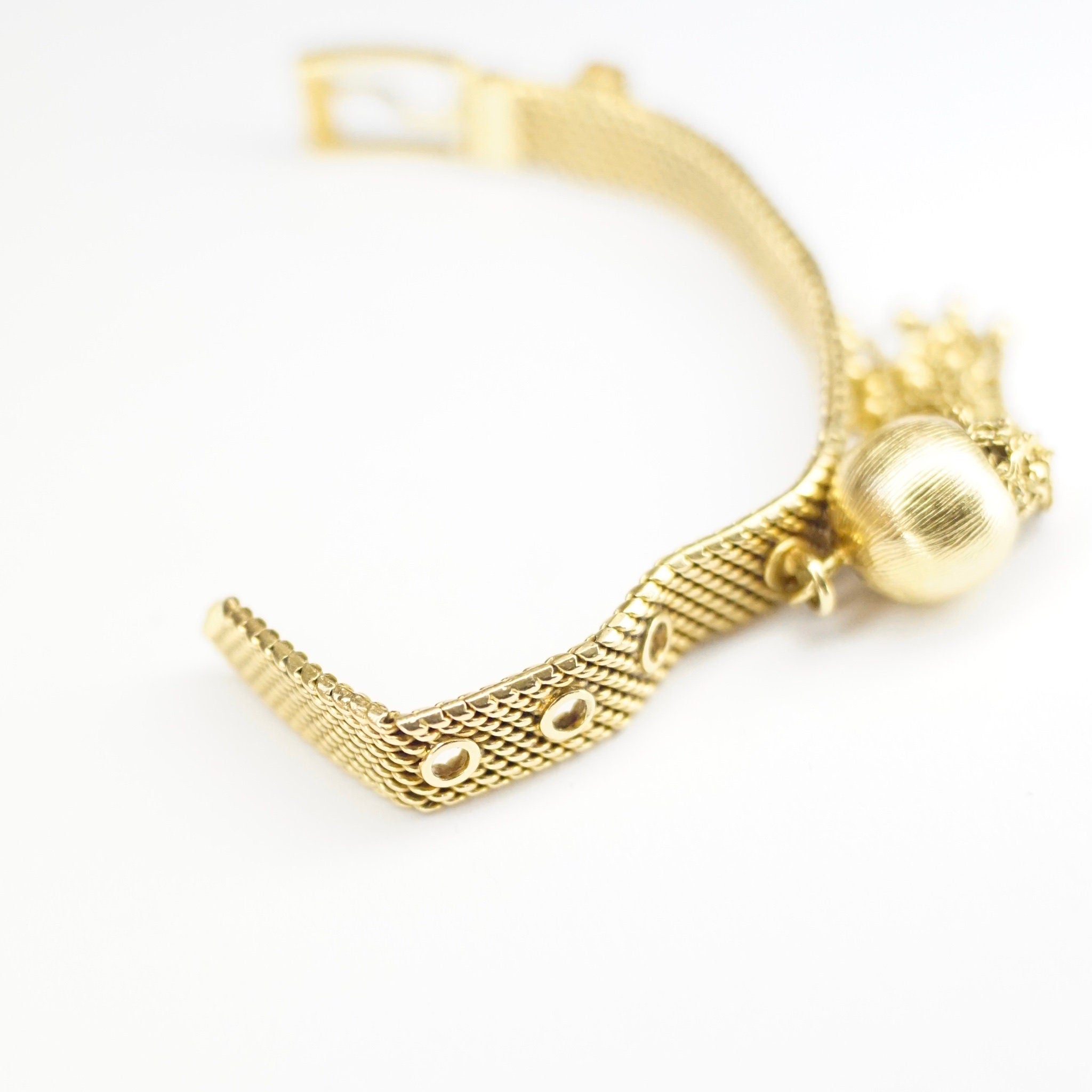 Vintage Italian 18K Gold Mesh Belt Ring, Adjustable Gold Ring With Ball Tassel, Unique Gold Belt Buckle Ring, Statement Jewelry, 750 15VI