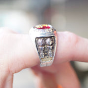 Vintage Sterling Silver & Ruby Masonic Ring, Incredible Mason Ring With Red Stone, Gold Compass, Embossed Details, and Accent Diamonds, 925