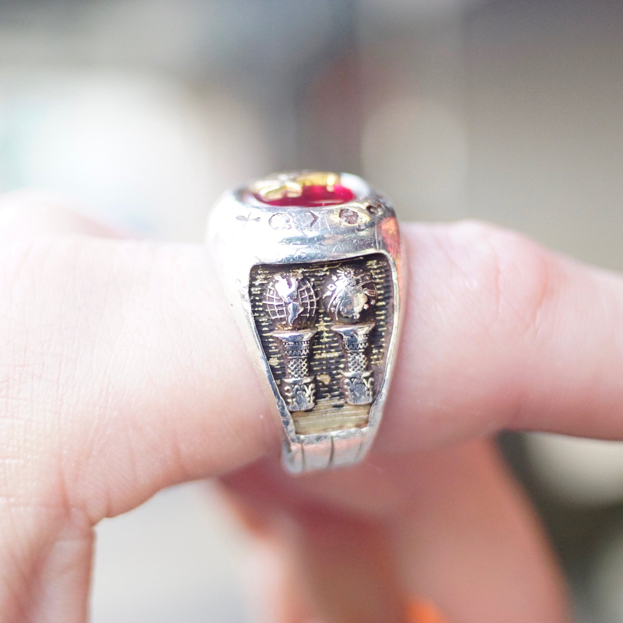 Vintage Sterling Silver & Ruby Masonic Ring, Incredible Mason Ring With Red Stone, Gold Compass, Embossed Details, and Accent Diamonds, 925