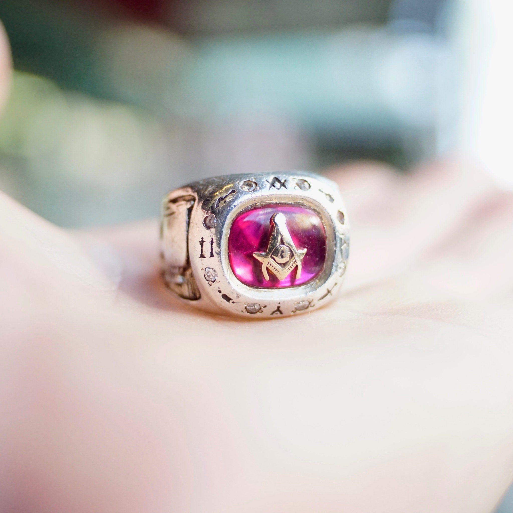 Vintage Sterling Silver & Ruby Masonic Ring, Incredible Mason Ring With Red Stone, Gold Compass, Embossed Details, and Accent Diamonds, 925