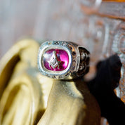 Vintage Sterling Silver & Ruby Masonic Ring, Incredible Mason Ring With Red Stone, Gold Compass, Embossed Details, and Accent Diamonds, 925
