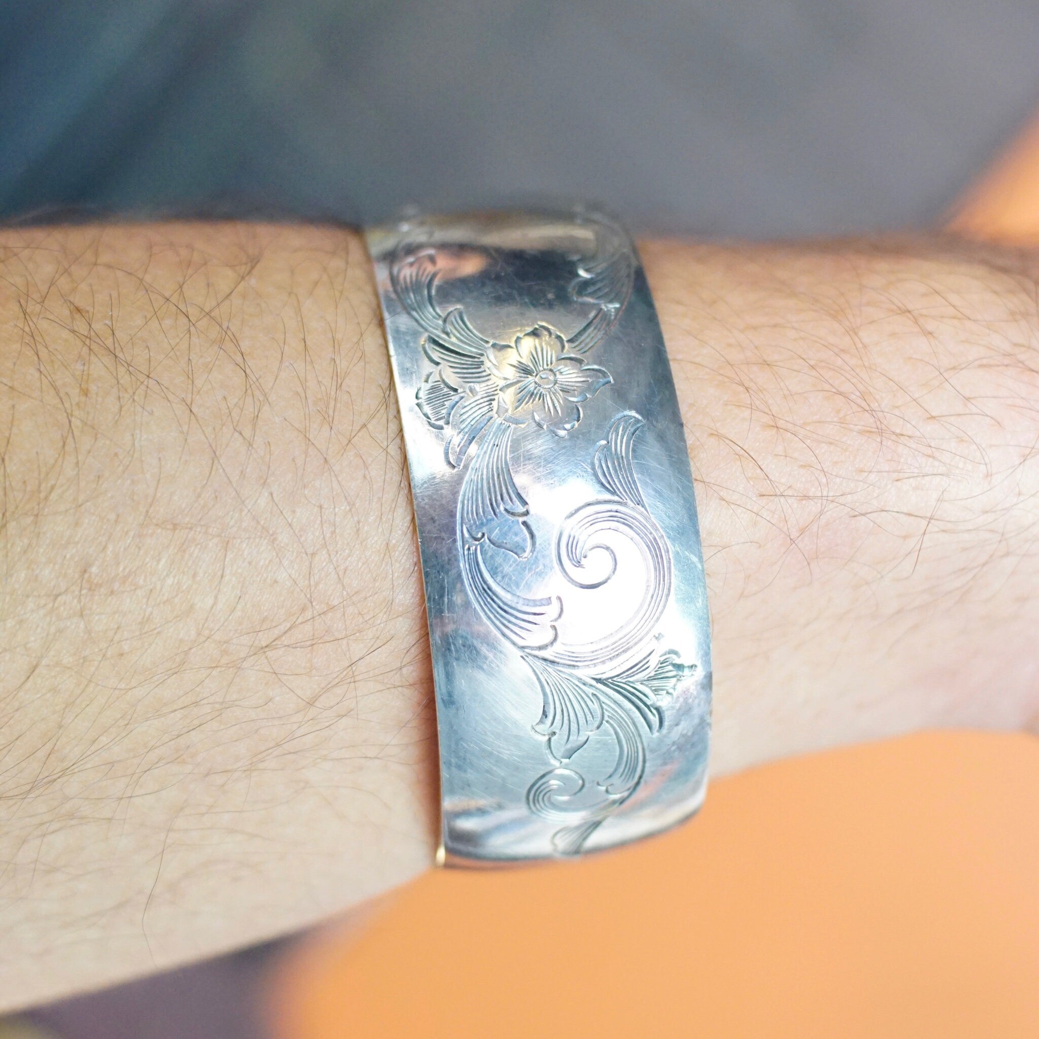 Vintage S. Kirk & Son sterling silver cuff bracelet with etched floral design, featuring space for engraved monogram.