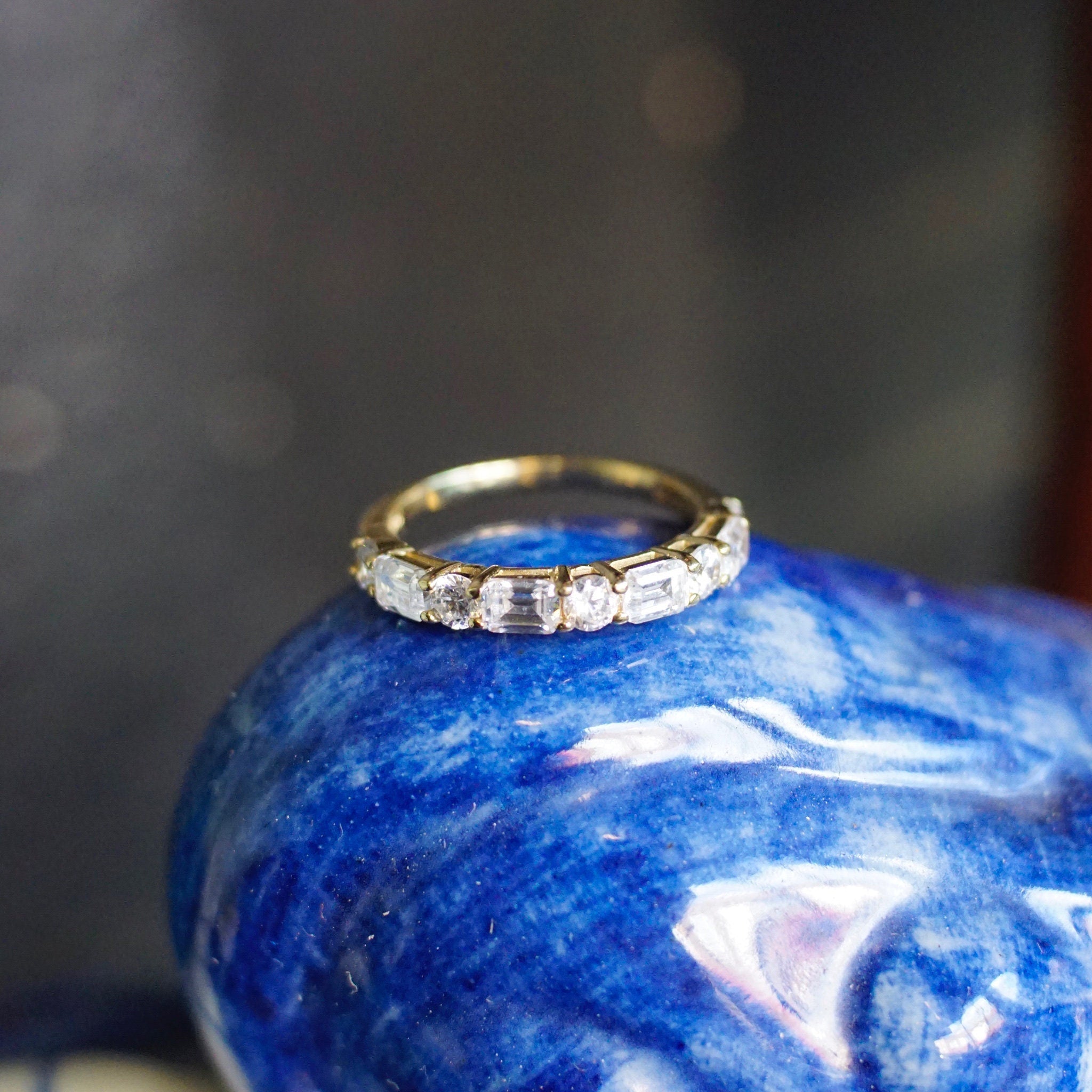 Vintage Gold Plated Sterling Silver Cubic Zirconia Ring, Alternating Baguette & Round Cut CZ Diamond Ring, China CZ925, Size 7 1/2 US