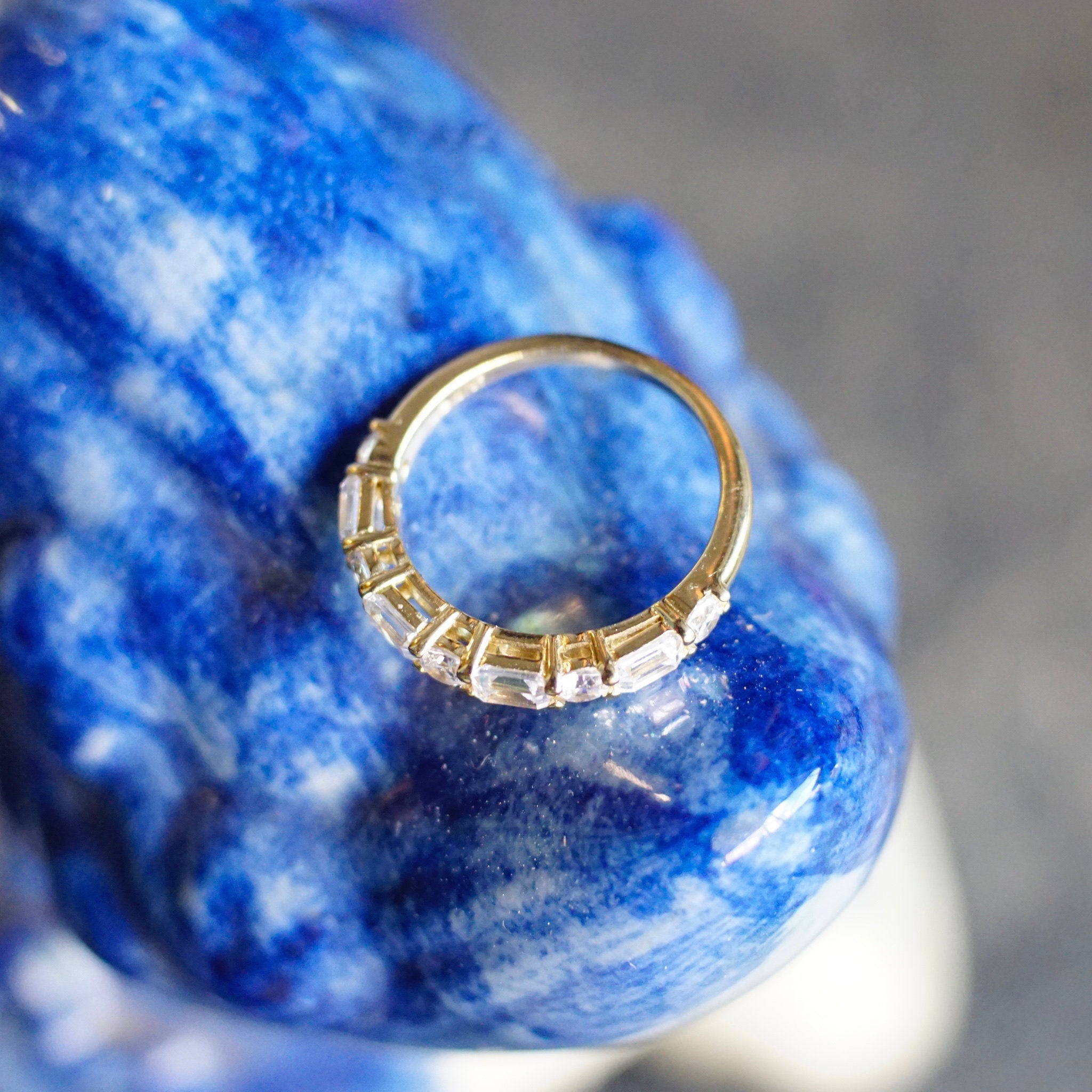 Vintage Gold Plated Sterling Silver Cubic Zirconia Ring, Alternating Baguette & Round Cut CZ Diamond Ring, China CZ925, Size 7 1/2 US