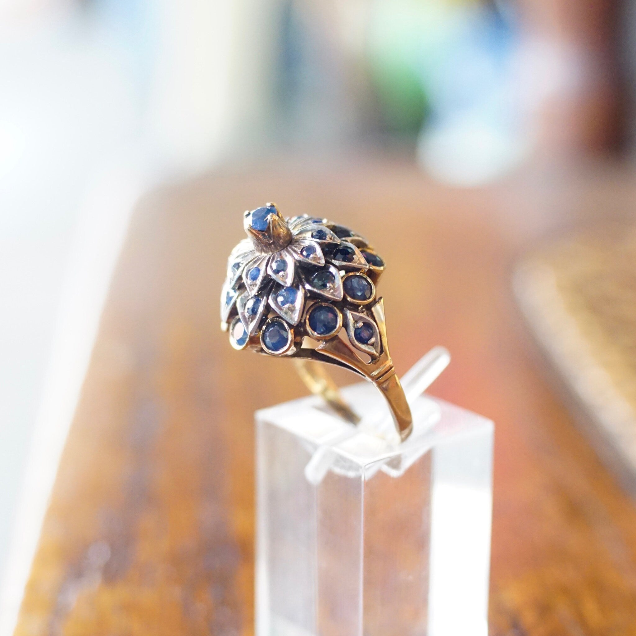 Antique JG 14K Gold Sapphire Dome Cocktail Ring, Gorgeous Gold Sapphire Cluster Ring, Vintage 14K Yellow & White Gold Ring, Size 6 US