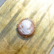 Vintage 14K Gold Cameo Brooch/Pendant, Classic Relief Cameo Of Lady's Bust, Round 14K Gold Filigree Brooch With Carved Shell, 1 1/4"