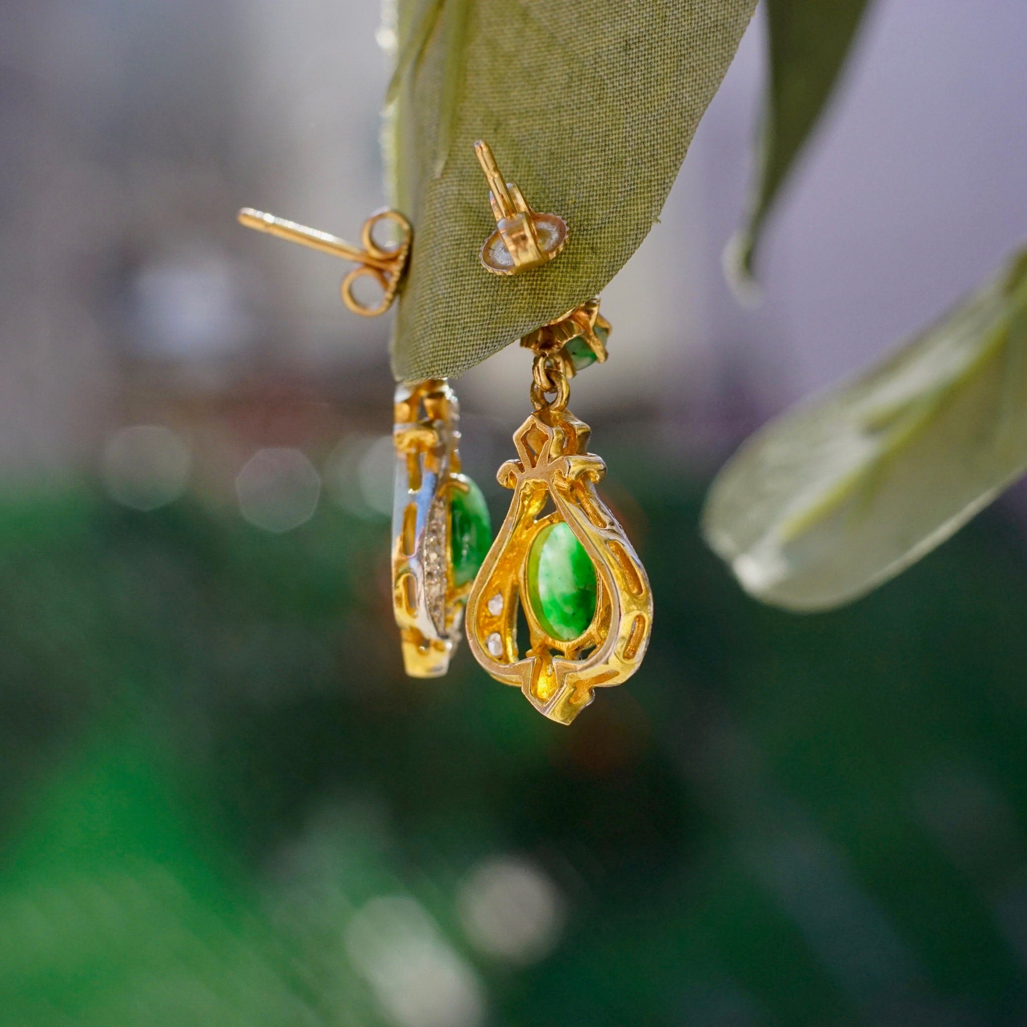 Vintage 14K Gold, Diamond & Jadeite Drop Earrings, Gorgeous Yellow and White Gold Diamond Encrusted Dangle Earrings With Marbled Green Stone